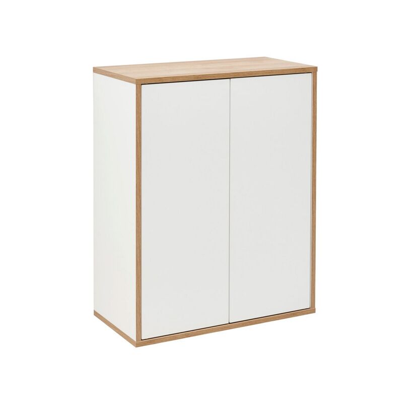 Weißer Schrank mit zwei Türen und Holzrahmen.