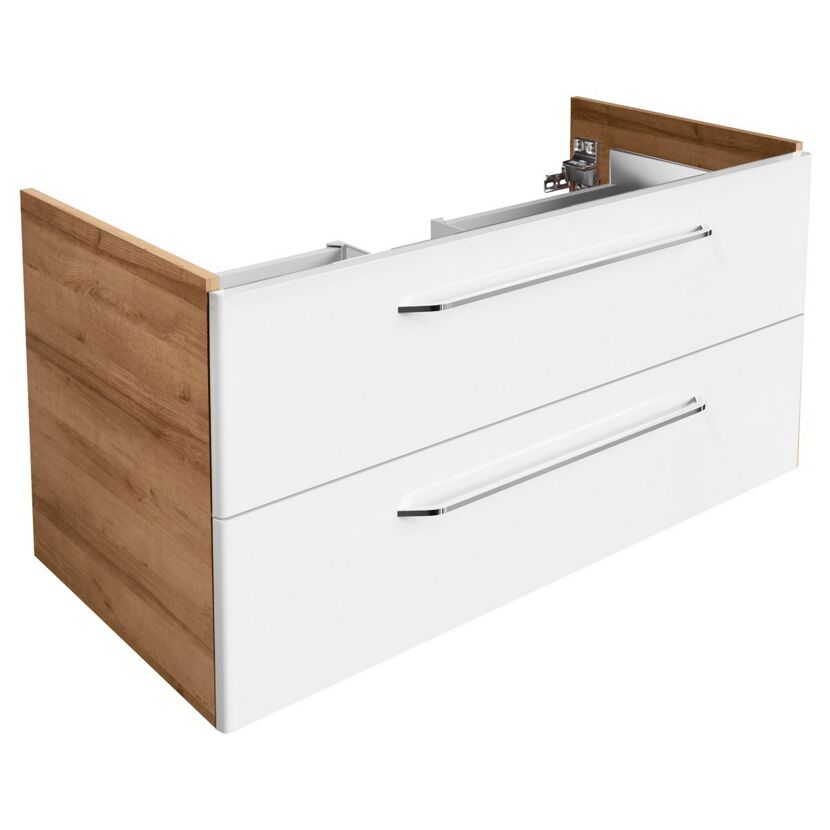 Weißer Waschbeckenunterschrank mit zwei Schubladen und Holzseite