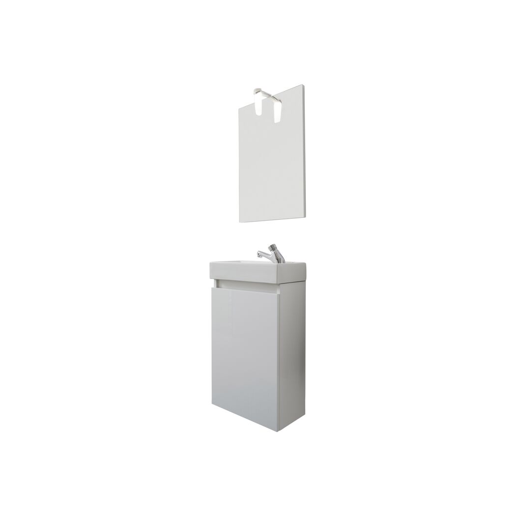Weißer Badblock mit Waschbecken, Armatur und Spiegel.
