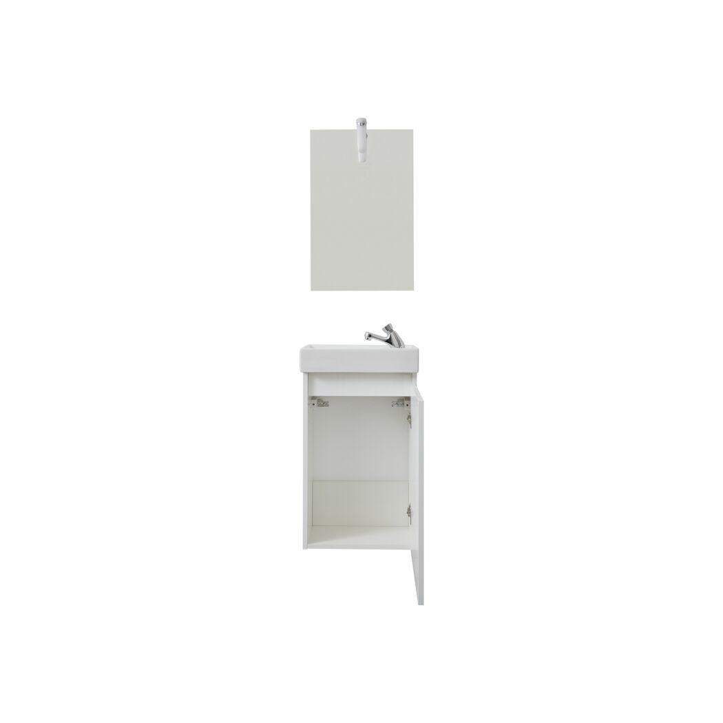 Weißer Waschtischunterschrank mit Waschbecken und Spiegel.