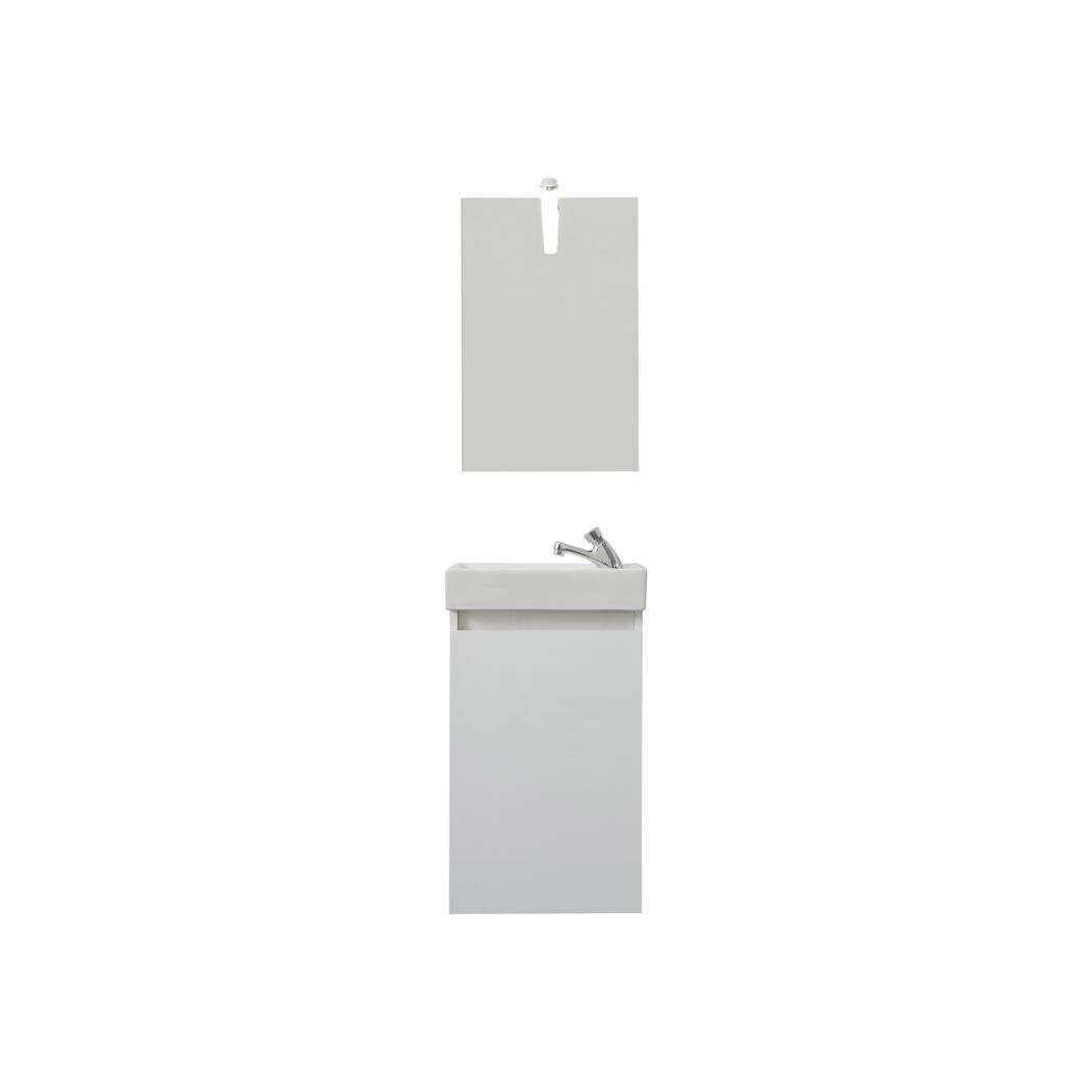 Weißes Badmöbel-Set mit Waschbecken, Wasserhahn und Spiegel.
