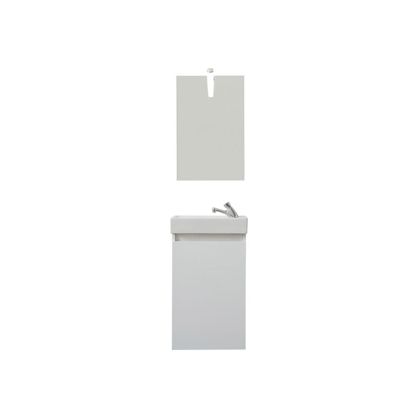Weißes Badmöbel-Set mit Waschbecken, Wasserhahn und Spiegel.