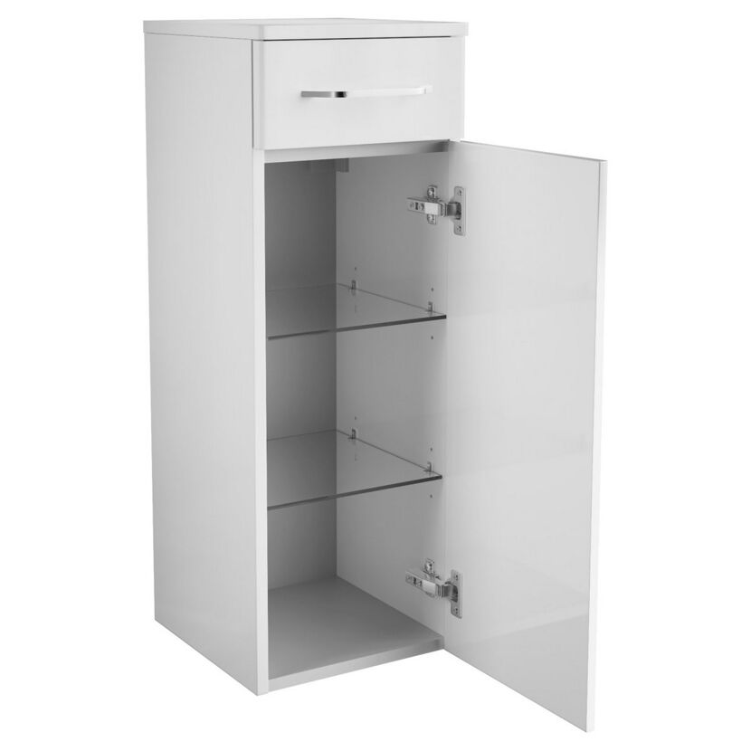 Weißer Hochschrank mit offener Tür und Schublade.