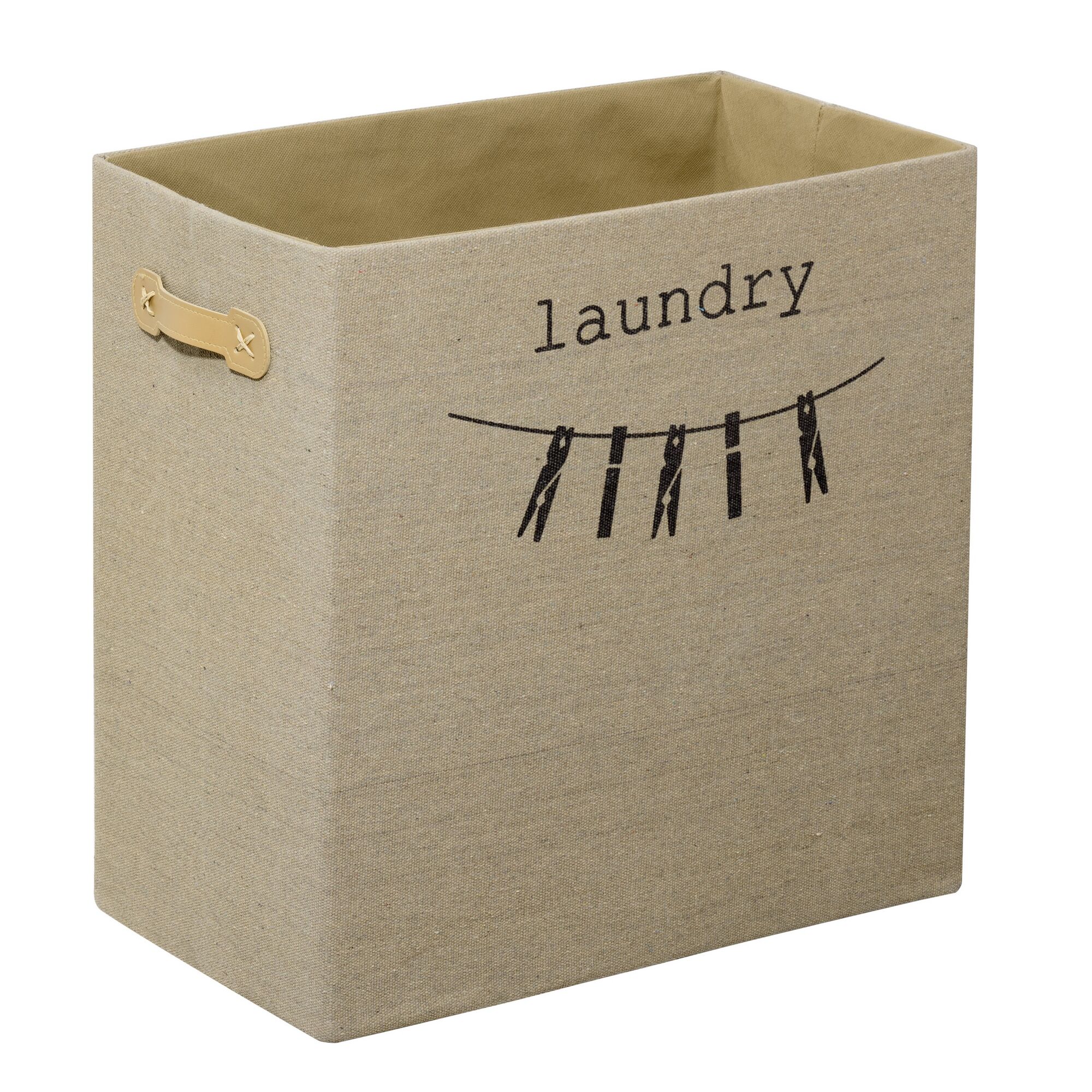 Beige Wäschebox mit Wäscheklammern-Motiv.