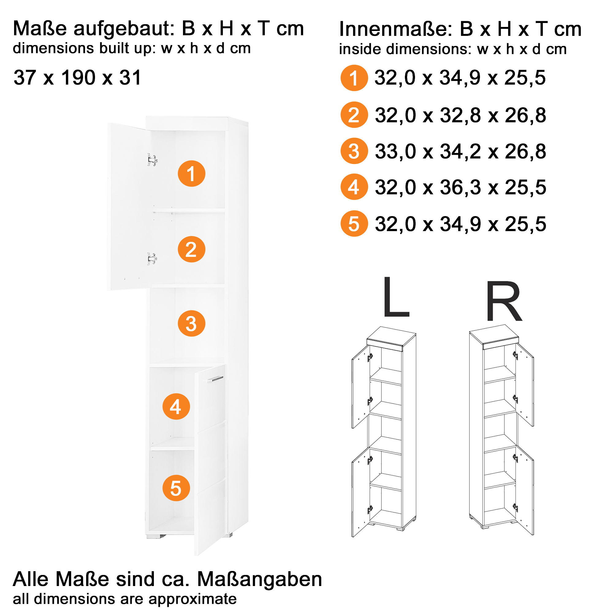 Hochschrank 'Amanda' weiß 37 x 190 x 31 cm + product picture