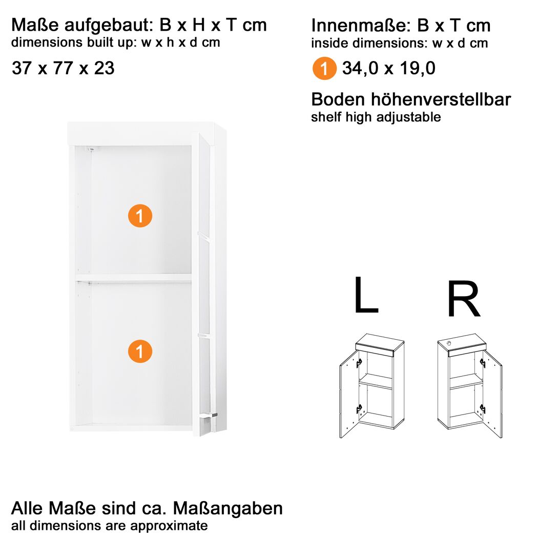 Hängeschrank 'Amanda' weiß glänzend 37 x 77 x 23 cm