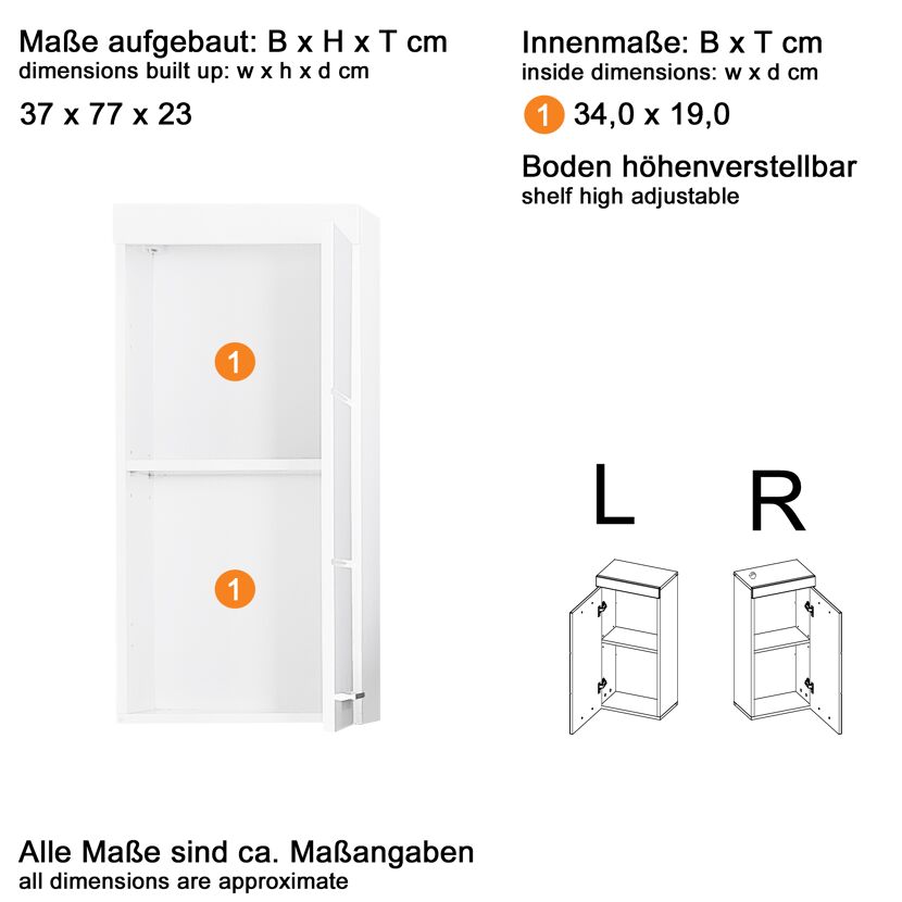 Hängeschrank 'Amanda' weiß glänzend 37 x 77 x 23 cm