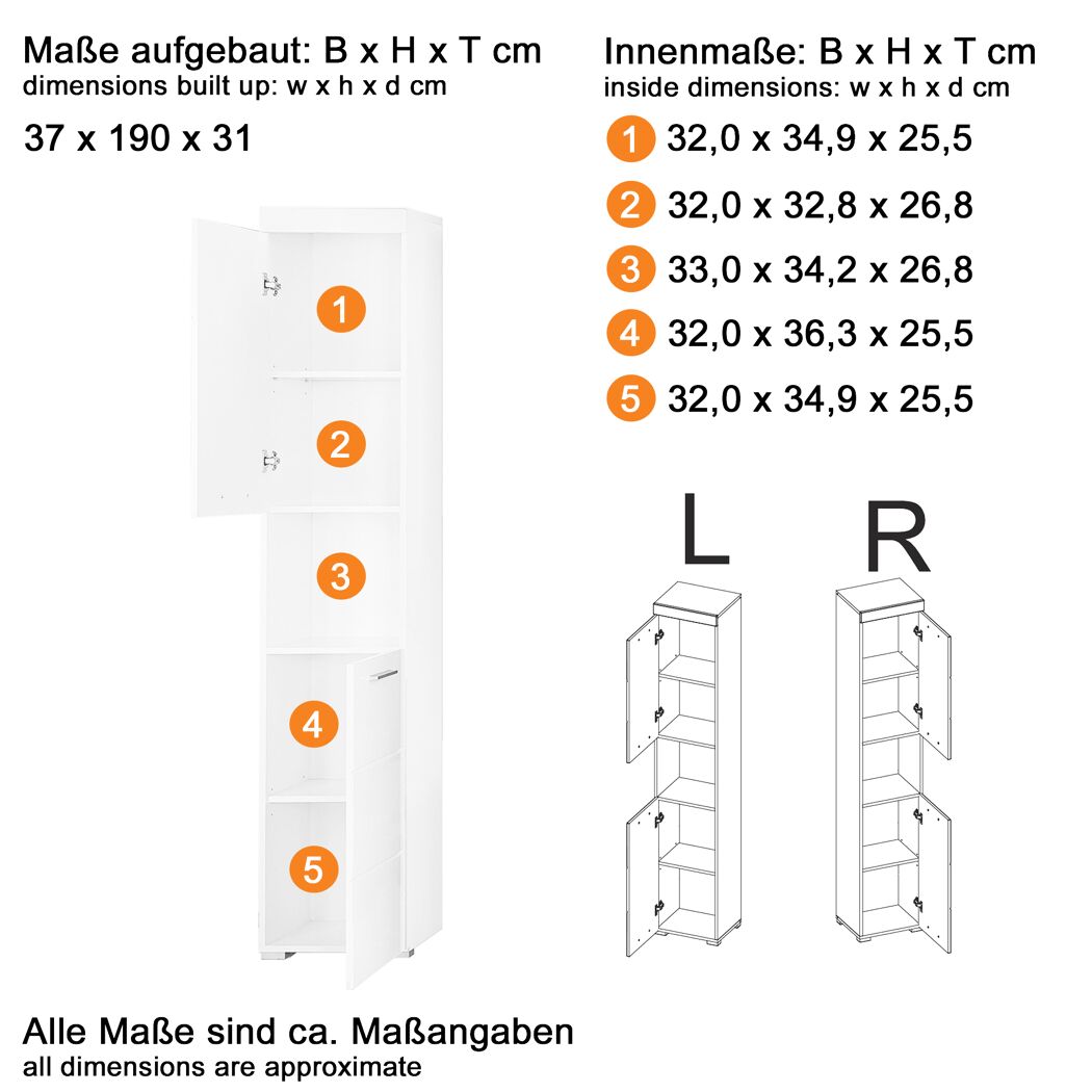 Hochschrank 'Amanda' braun matt 37 x 190 x 31 cm