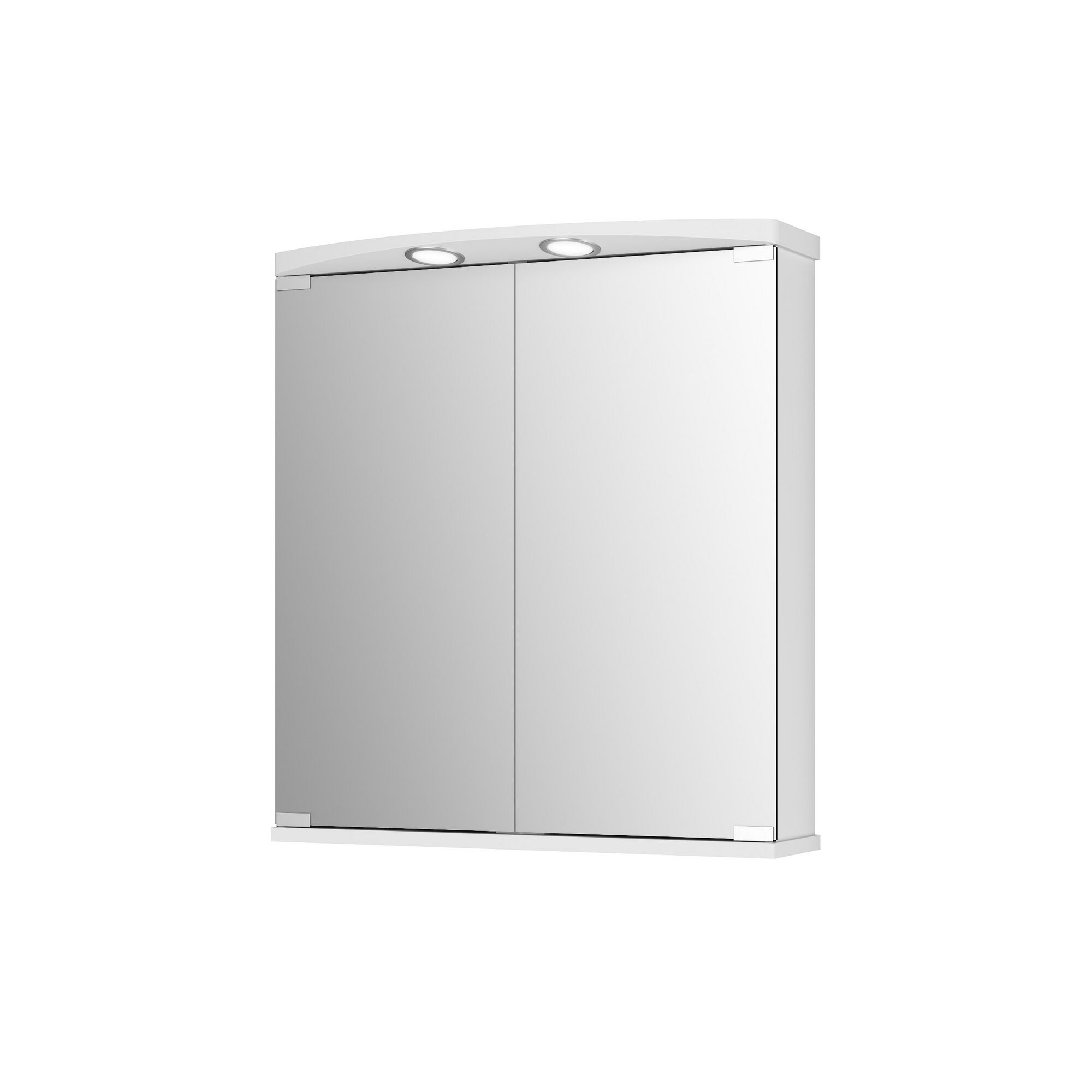 Weißer Spiegelschrank mit zwei Spiegeltüren und Beleuchtung.