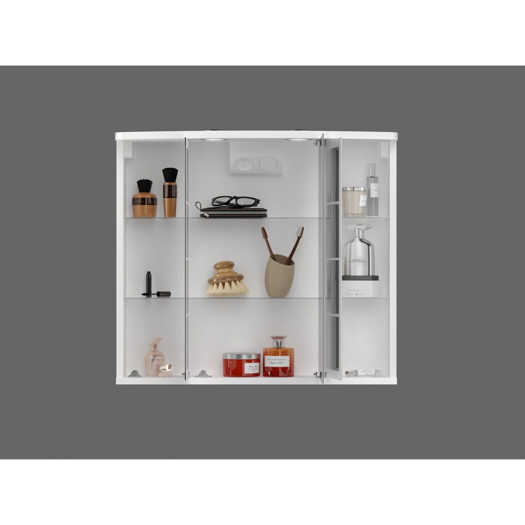Weißer Spiegelschrank mit Hygieneartikeln