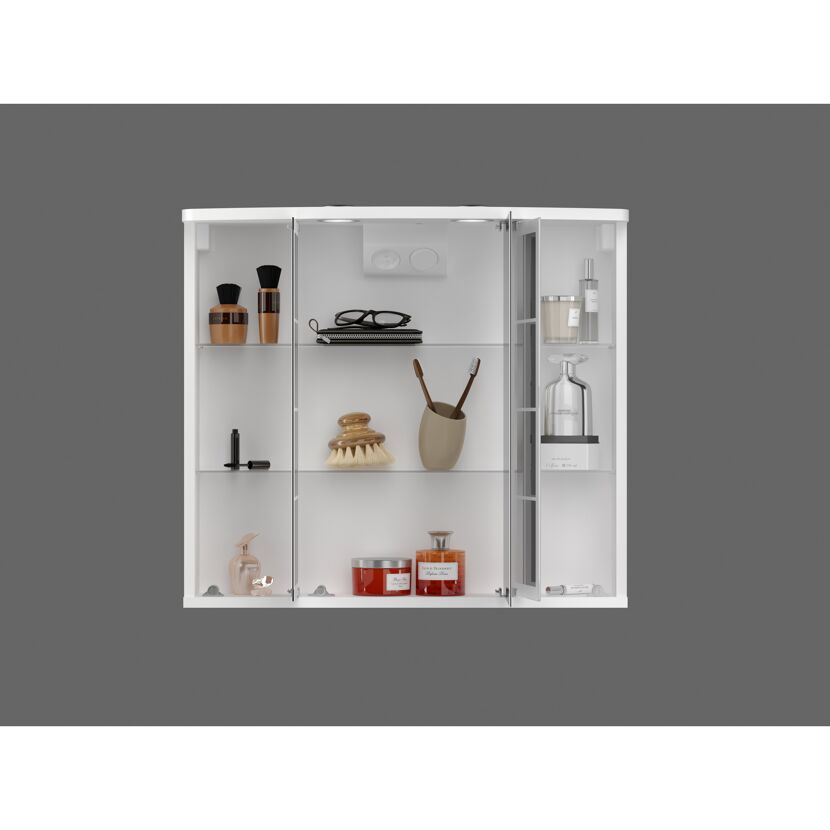 Weißer Spiegelschrank mit Hygieneartikeln