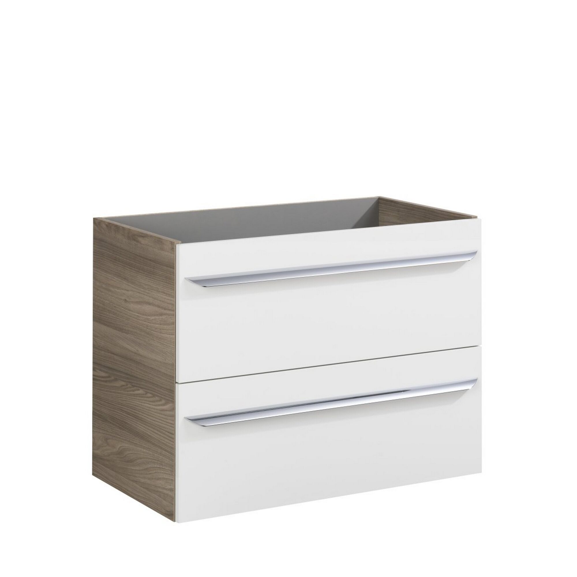 Weißer Waschbeckenunterschrank mit zwei Schubladen und braunen Seiten