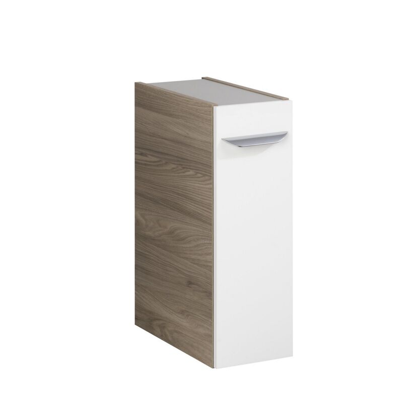 Weißer Hochschrank mit einer Tür und brauner Seitenwand