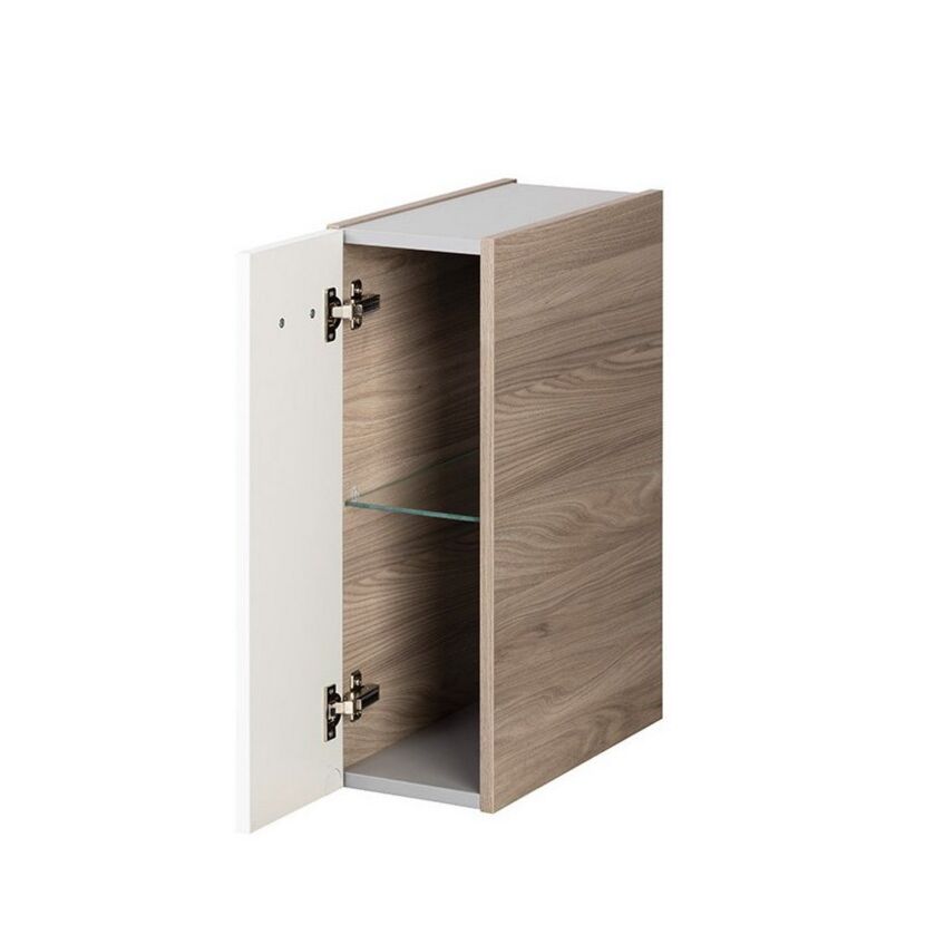 Hängeschrank mit offener Tür und Glasboden.