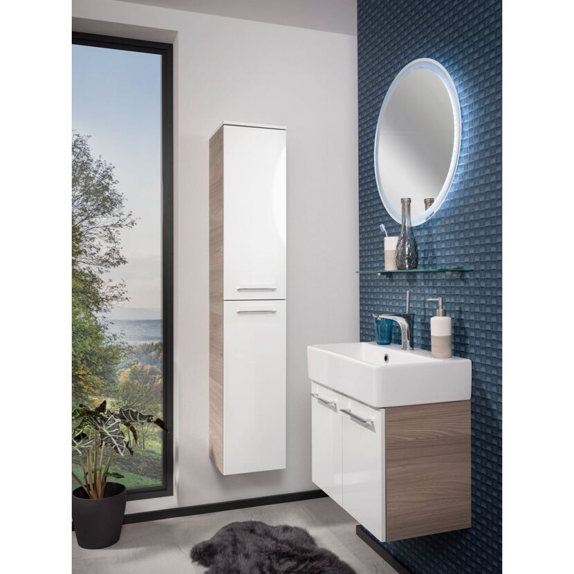 Badezimmer mit Waschbecken, Spiegelschrank und Pflanze