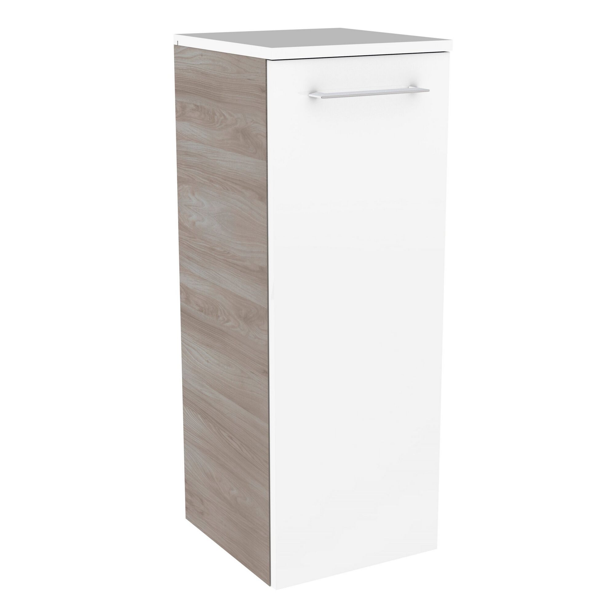 Weißer Hochschrank mit Holztür und silbernem Griff