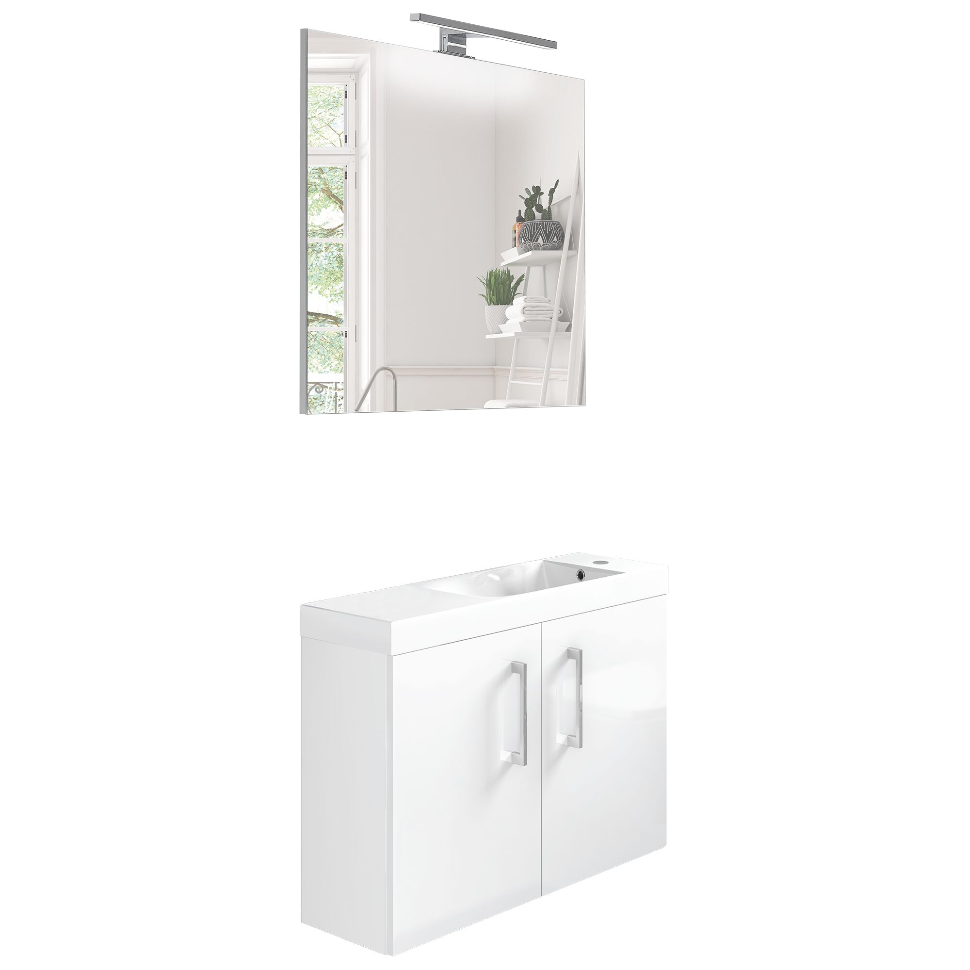 Weißer Waschtisch mit Spiegel und Lampe.