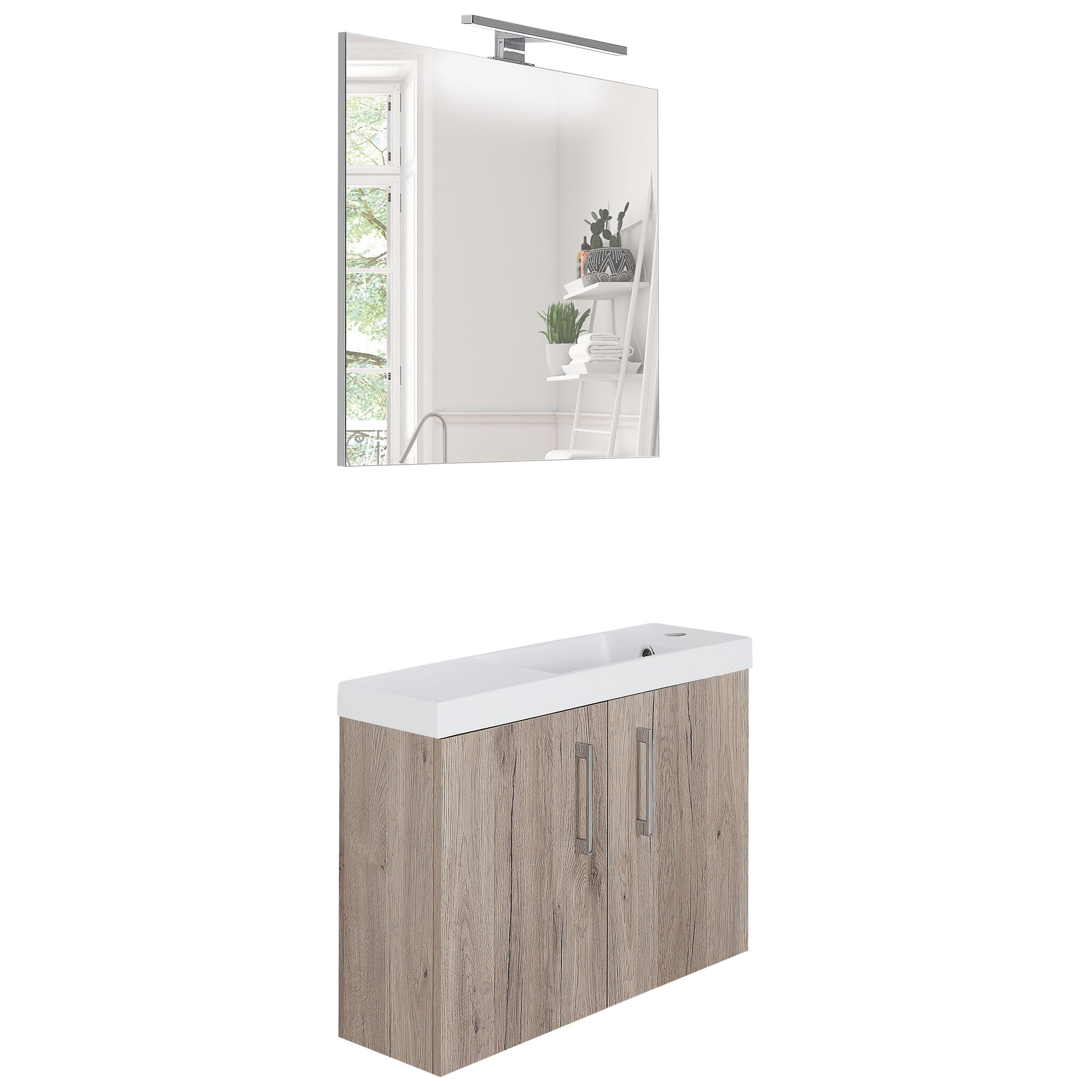 Waschtisch mit Spiegel und Lampe