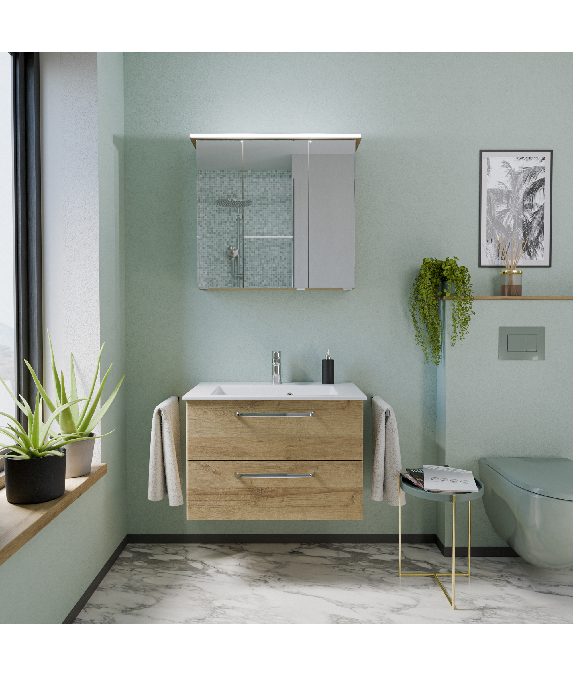 Badezimmer mit Spiegelschrank und Waschbeckenunterschrank