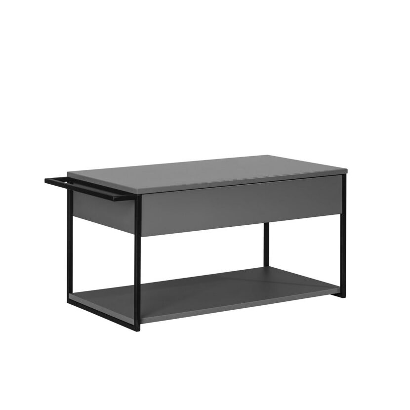 Grauer Couchtisch mit schwarzem Metallrahmen und Schublade