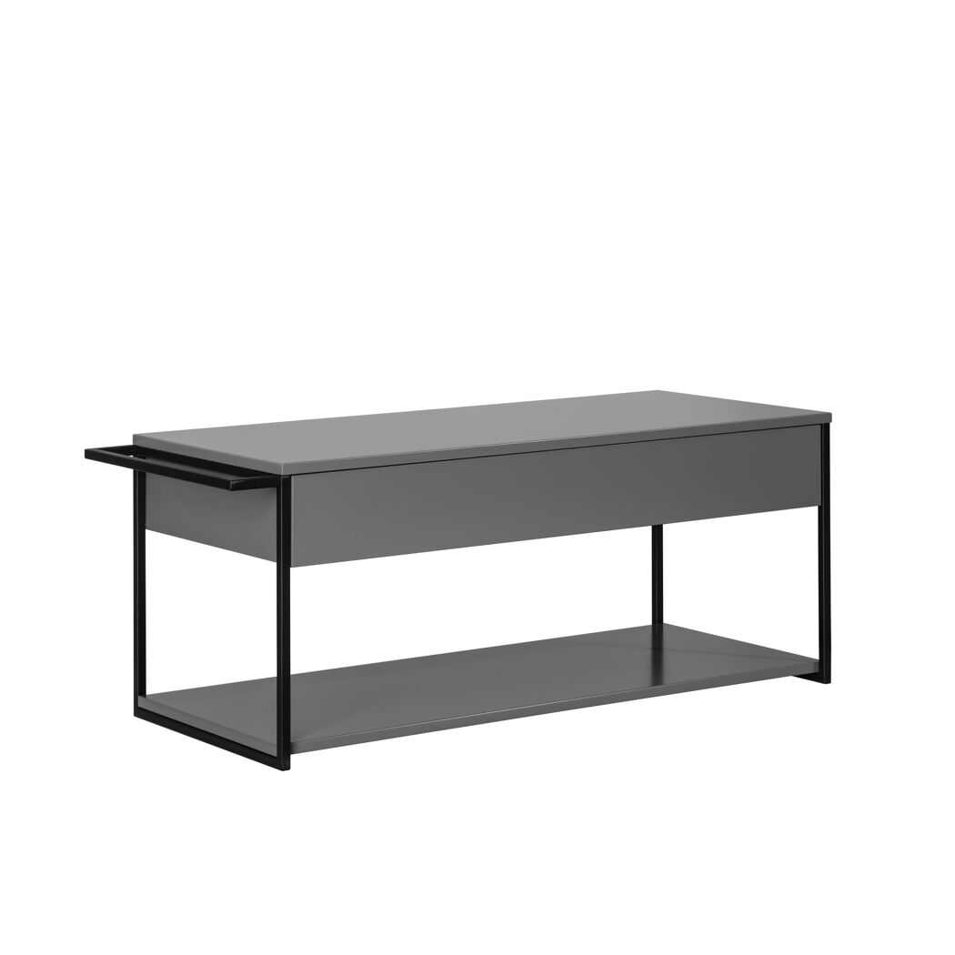 Grauer Couchtisch mit schwarzem Metallrahmen und Schublade.