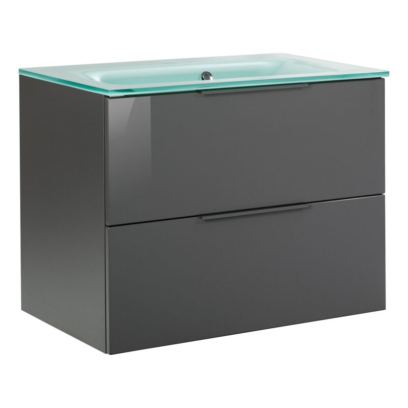 Grauer Waschtischunterschrank mit blauer Glasplatte