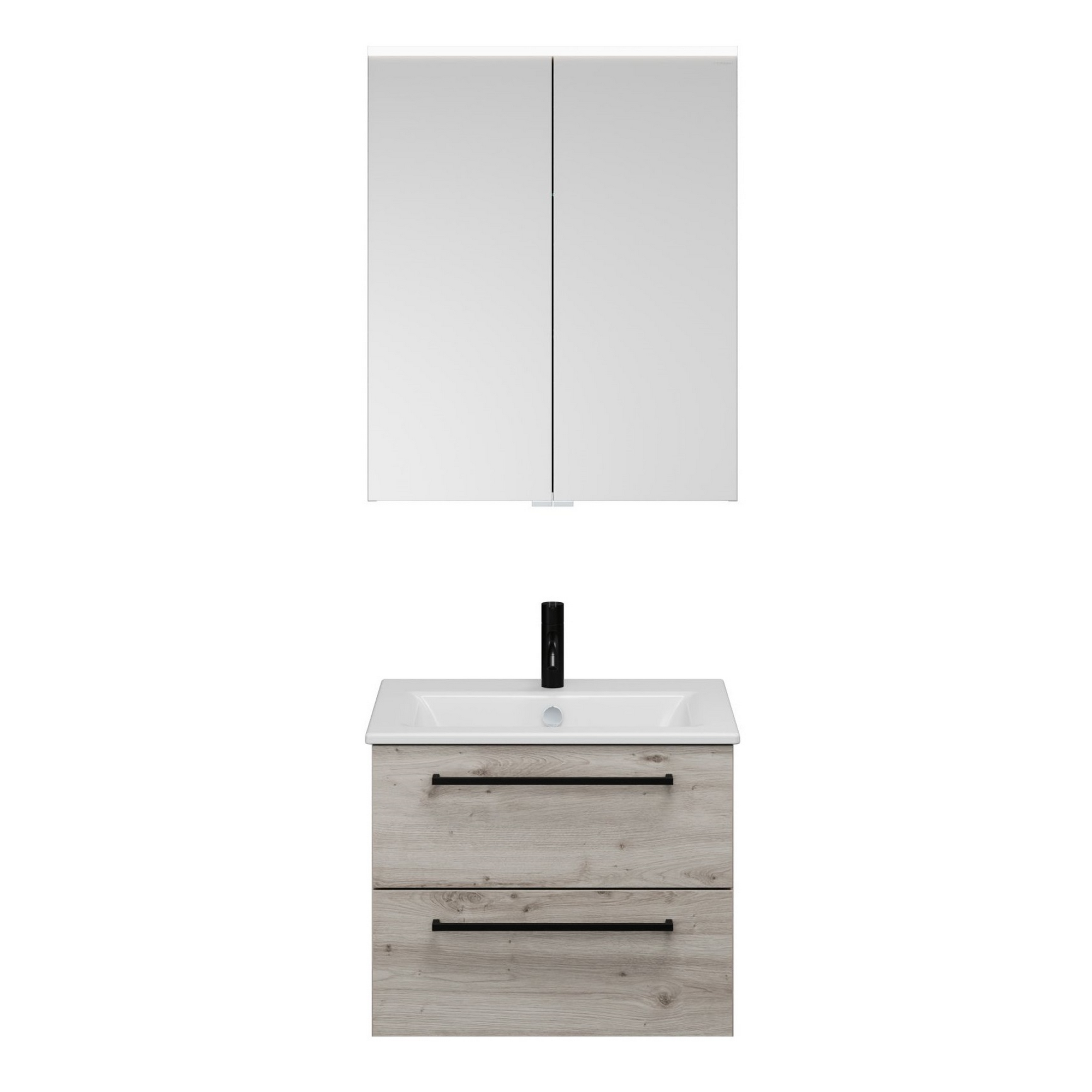 Badmöbelset Spiegelschrank und Waschbecken mit Unterschrank Eiche hell