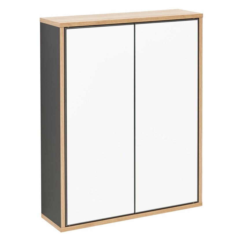 Grauer Spiegelschrank mit zwei Türen und Holzrahmen.
