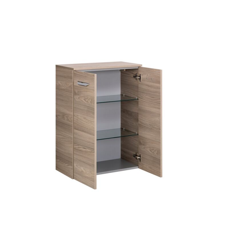 Kleiner, offener Badschrank mit zwei Glasablagen.