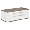 Weißer Wandschrank mit zwei Schubladen und brauner Oberfläche.