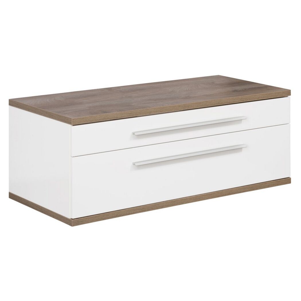 Weißer Wandschrank mit zwei Schubladen und brauner Oberfläche.