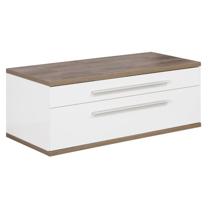 Weißer Wandschrank mit zwei Schubladen und brauner Oberfläche.