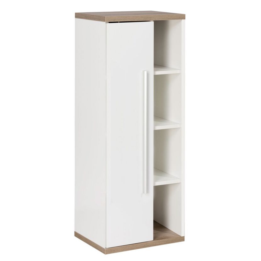 Weißer Hochschrank mit offenen Fächern und Tür