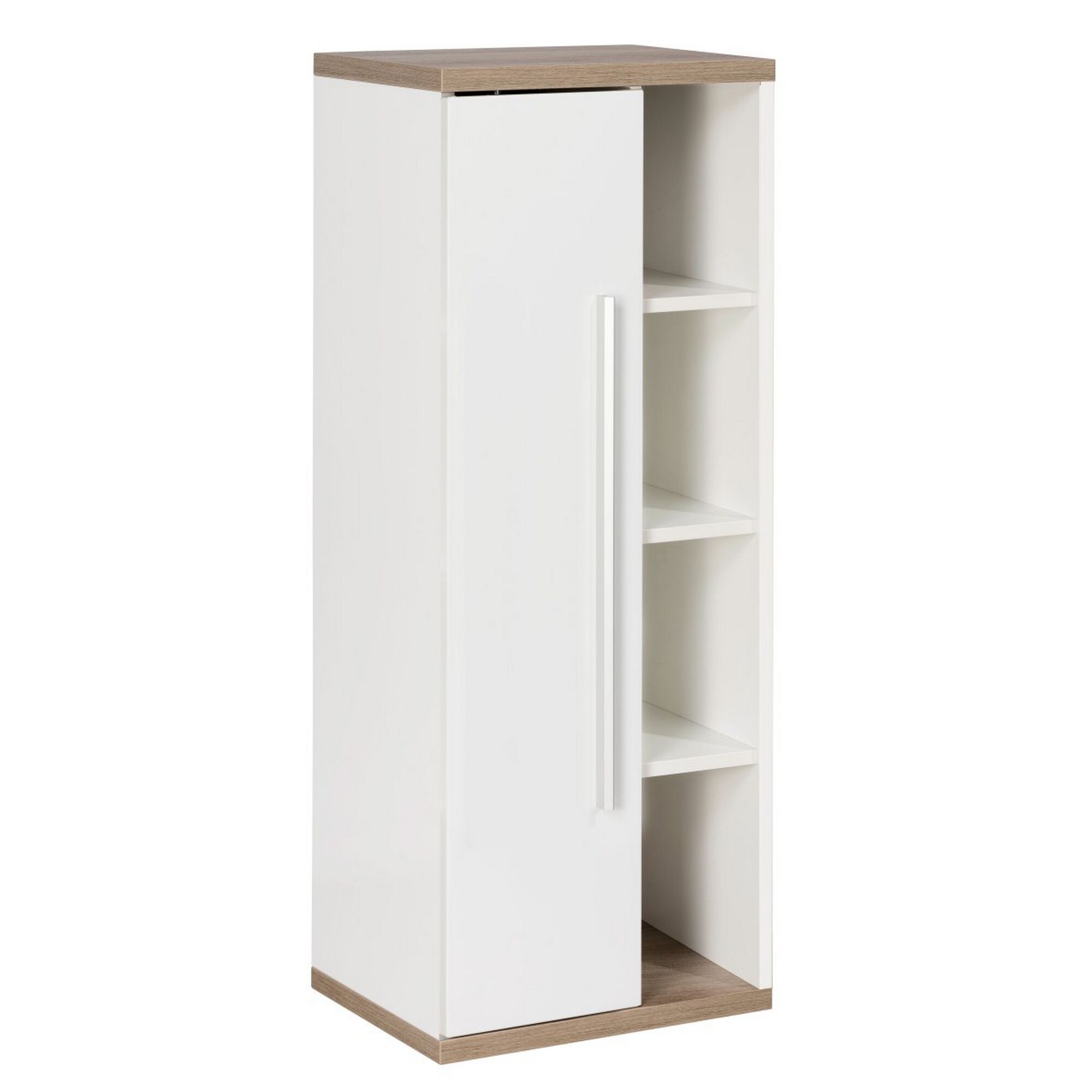 Weißer Hochschrank mit offenen Fächern und Tür