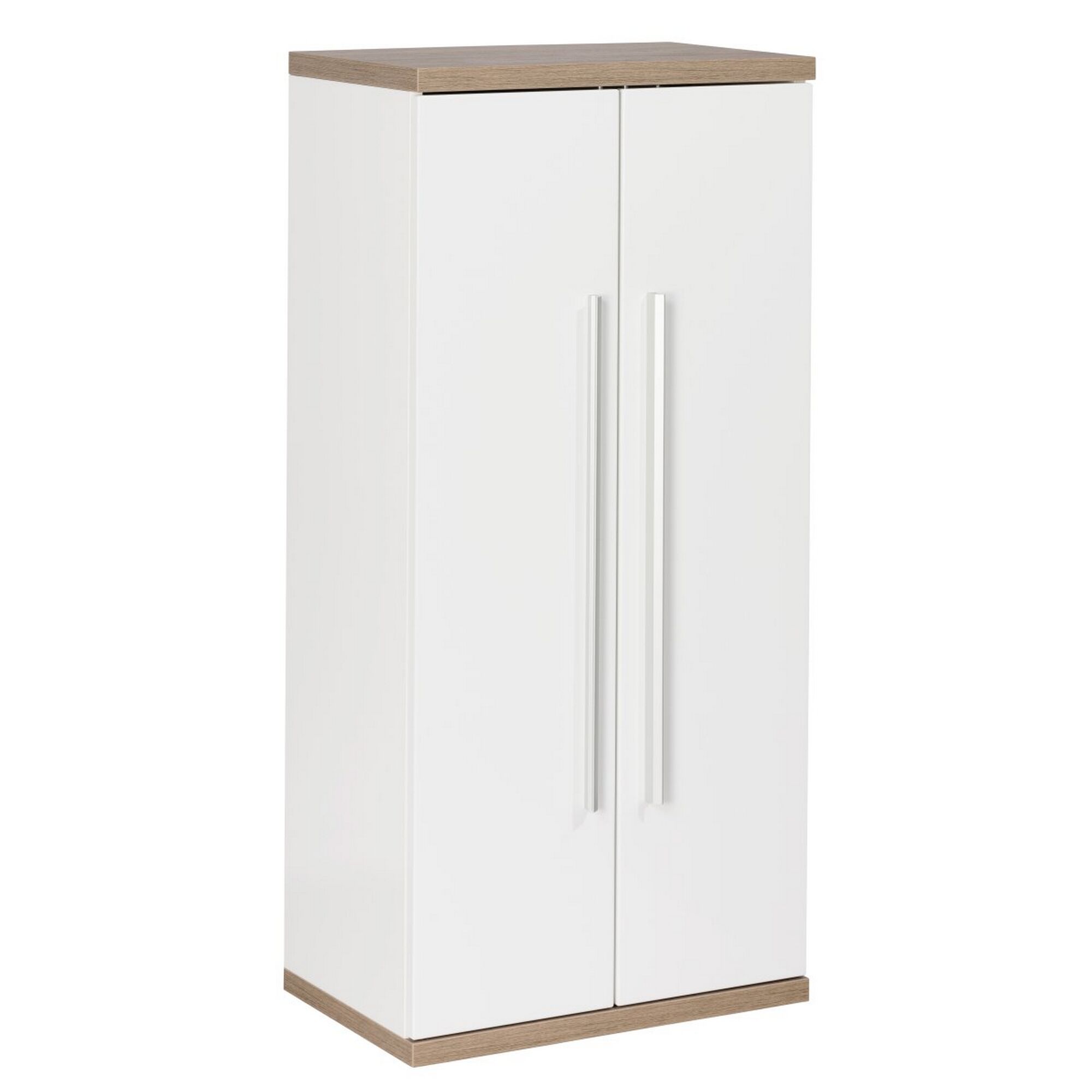 Weißer Kleiderschrank mit zwei Türen und hellbrauner Oberseite