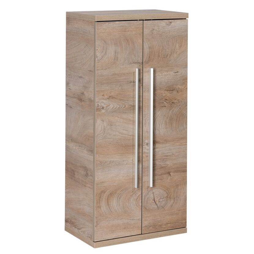 Hoher, schmaler Schrank mit zwei Türen und Metallgriffen.