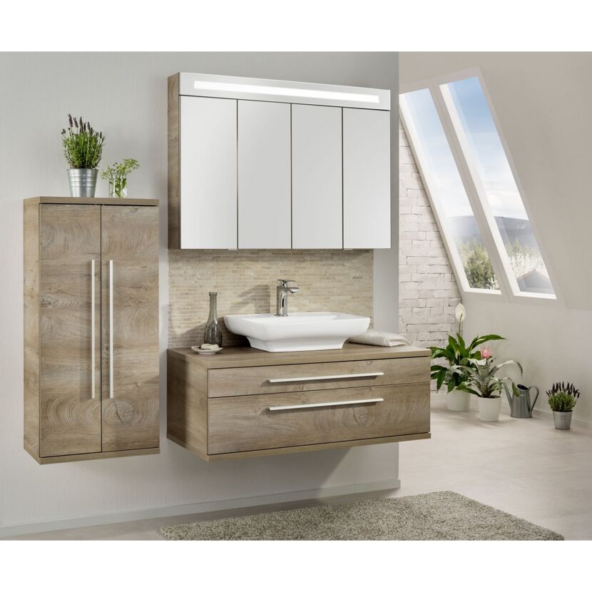 Hängeschrank, Spiegelschrank und Waschbeckenunterschrank in Holzoptik