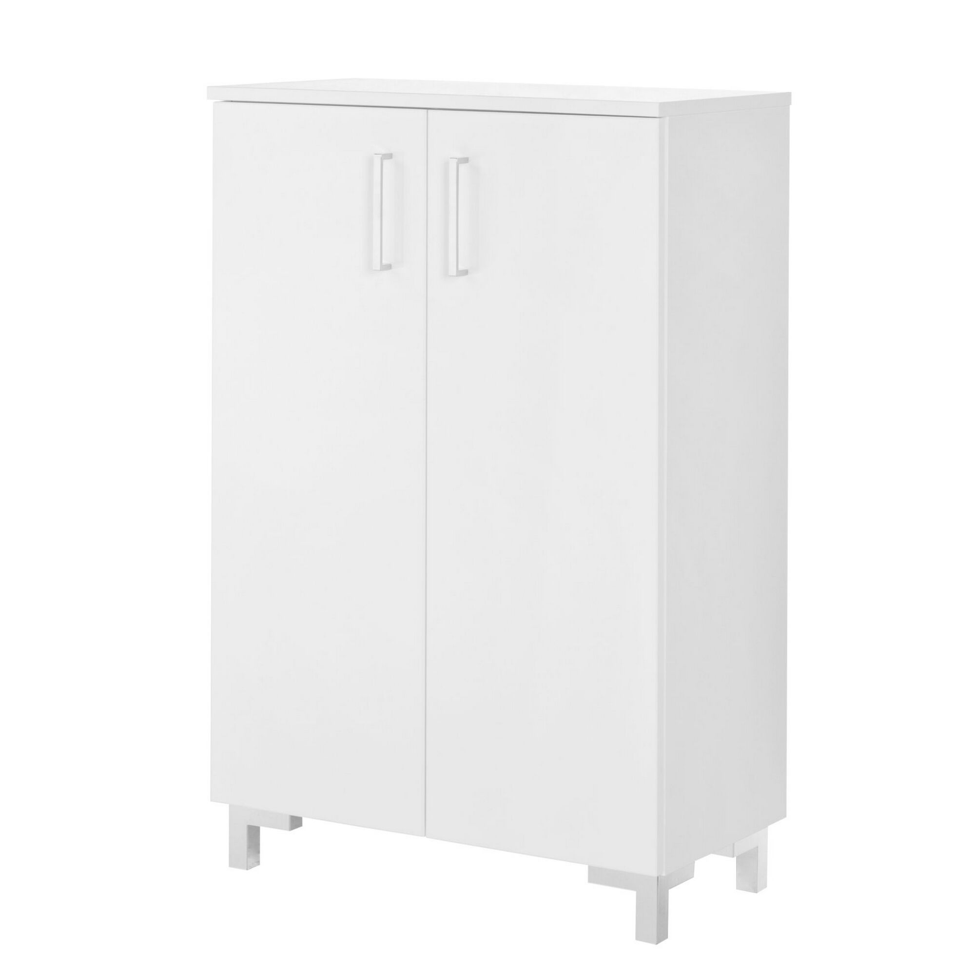 Weißer Schrank mit zwei Türen und silbernen Griffen.