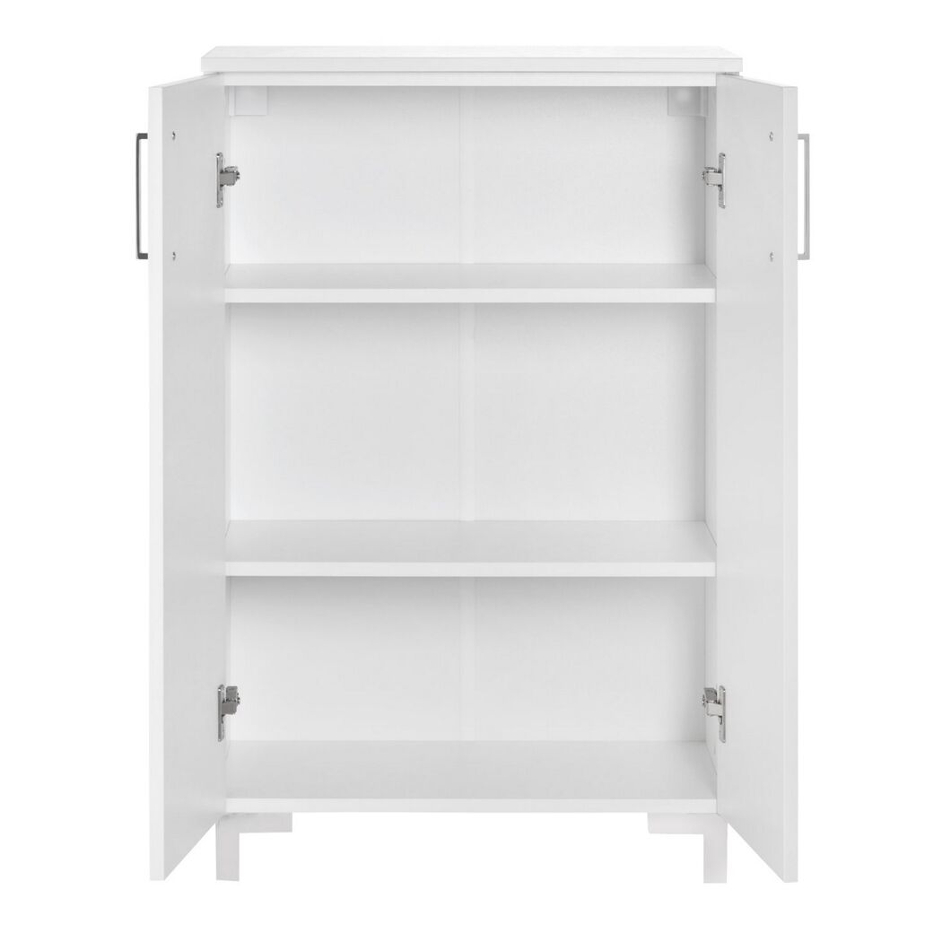 Weißer Schrank mit geöffneten Türen und drei Einlegeböden.