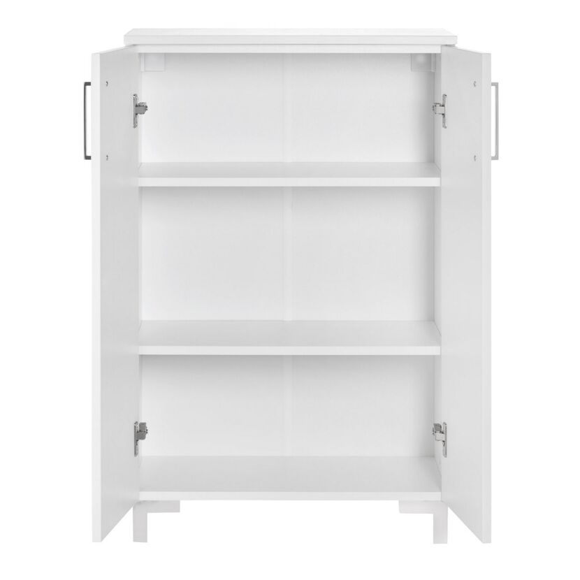 Weißer Schrank mit geöffneten Türen und drei Einlegeböden.