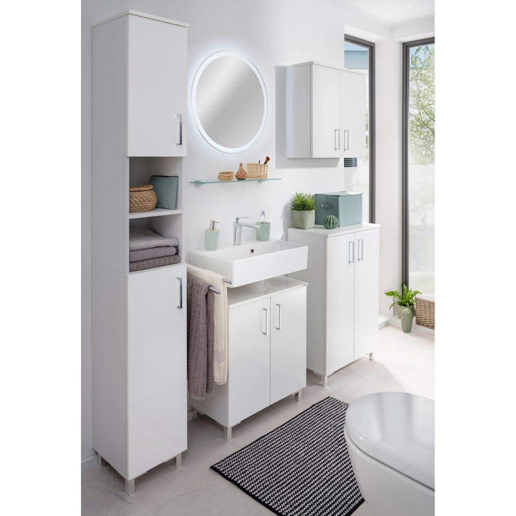 Weißer Badezimmerschrank mit Waschbecken und Spiegel.