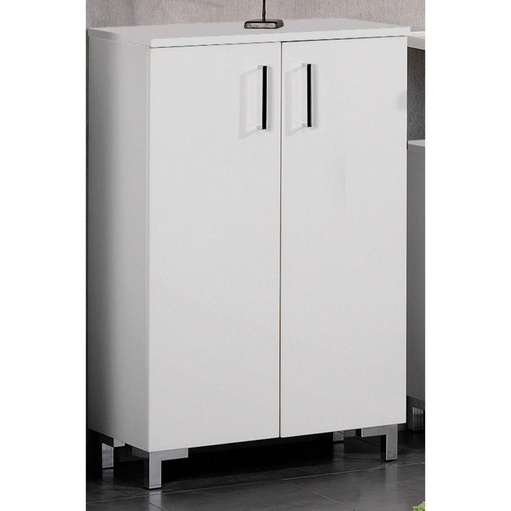 Weißer Aktenschrank mit zwei Türen und silbernen Griffen.