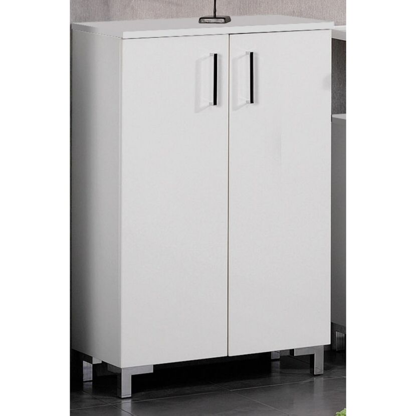 Weißer Aktenschrank mit zwei Türen und silbernen Griffen.