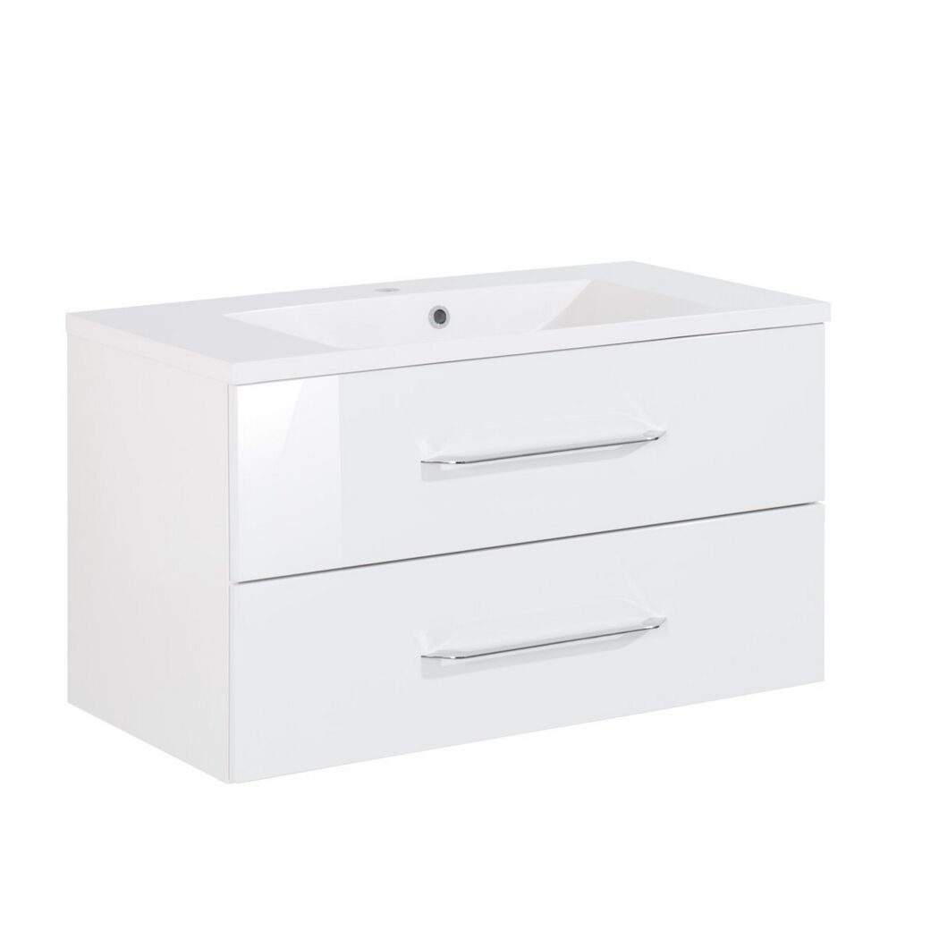Weißer Waschbeckenunterschrank mit zwei Schubladen.