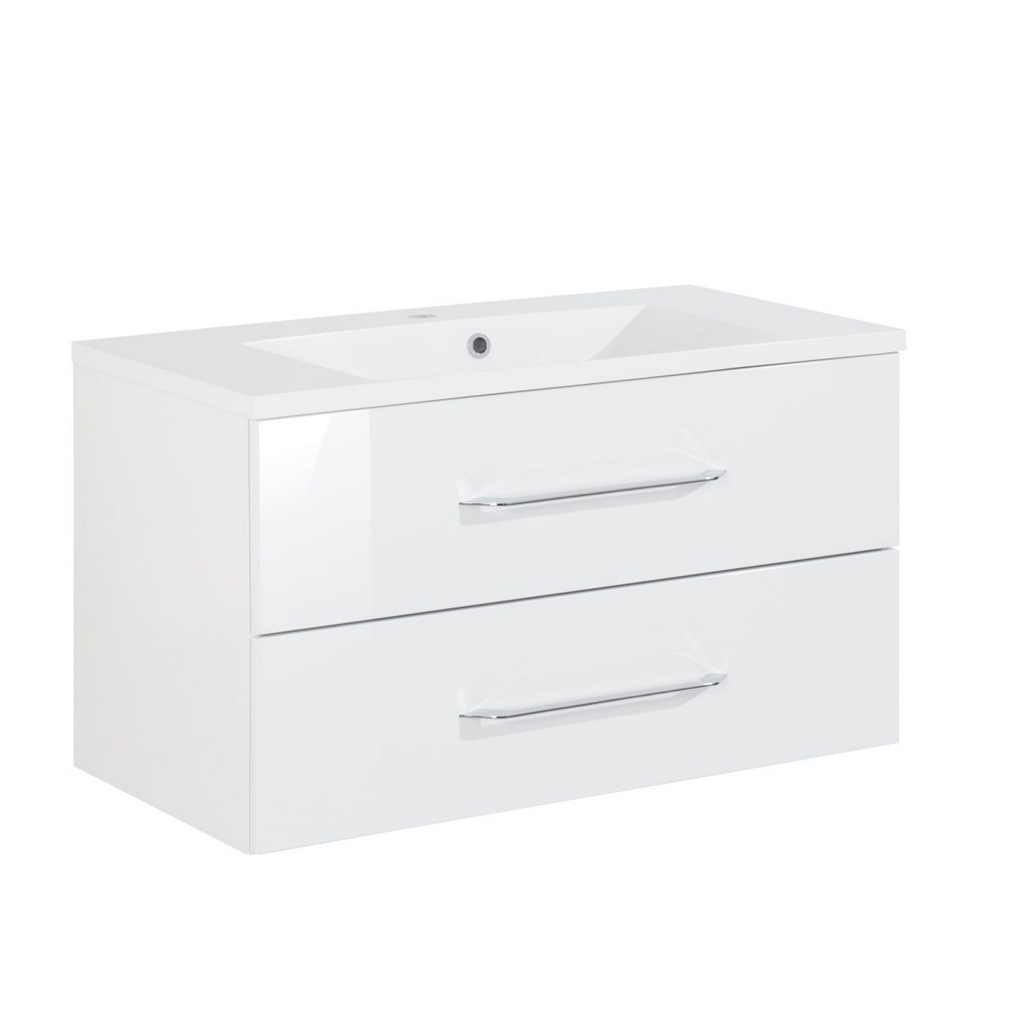 Weißer Waschbeckenunterschrank mit zwei Schubladen.
