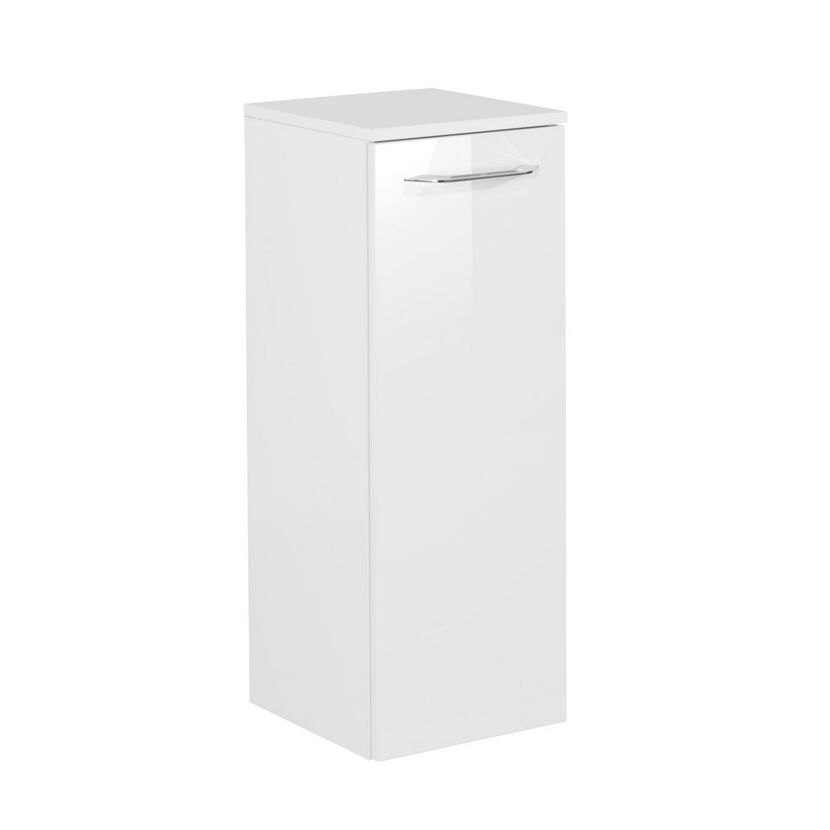 Weißer Hochschrank mit silbernem Griff.