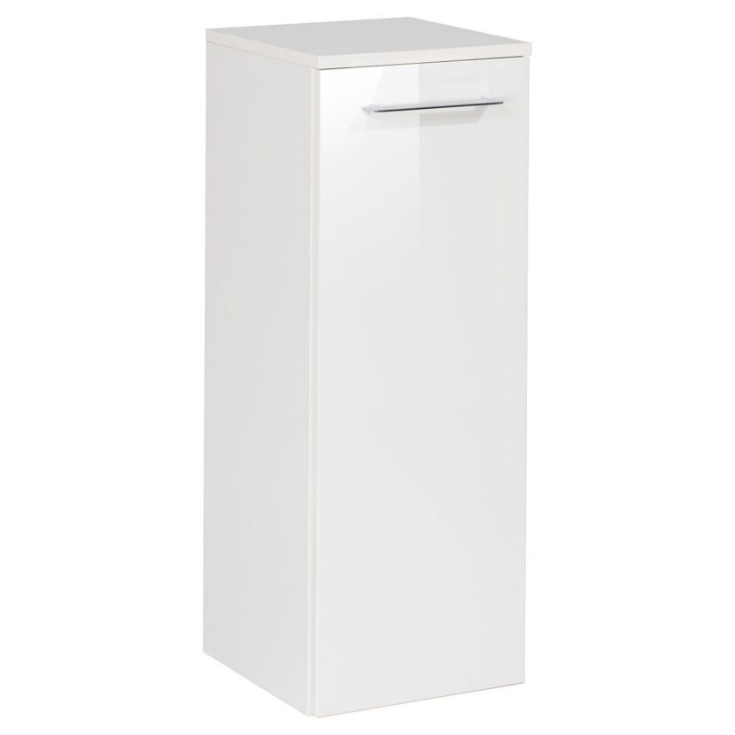 Weißer Hochschrank mit silbernem Griff.