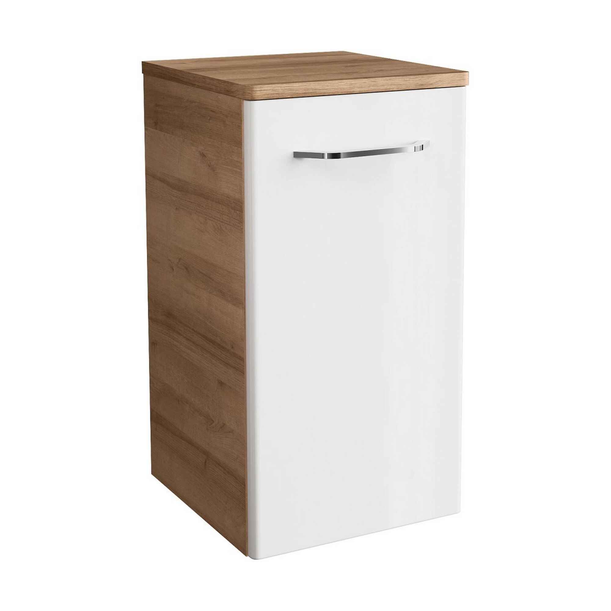 Weißer Hochschrank mit brauner Oberseite und Tür.