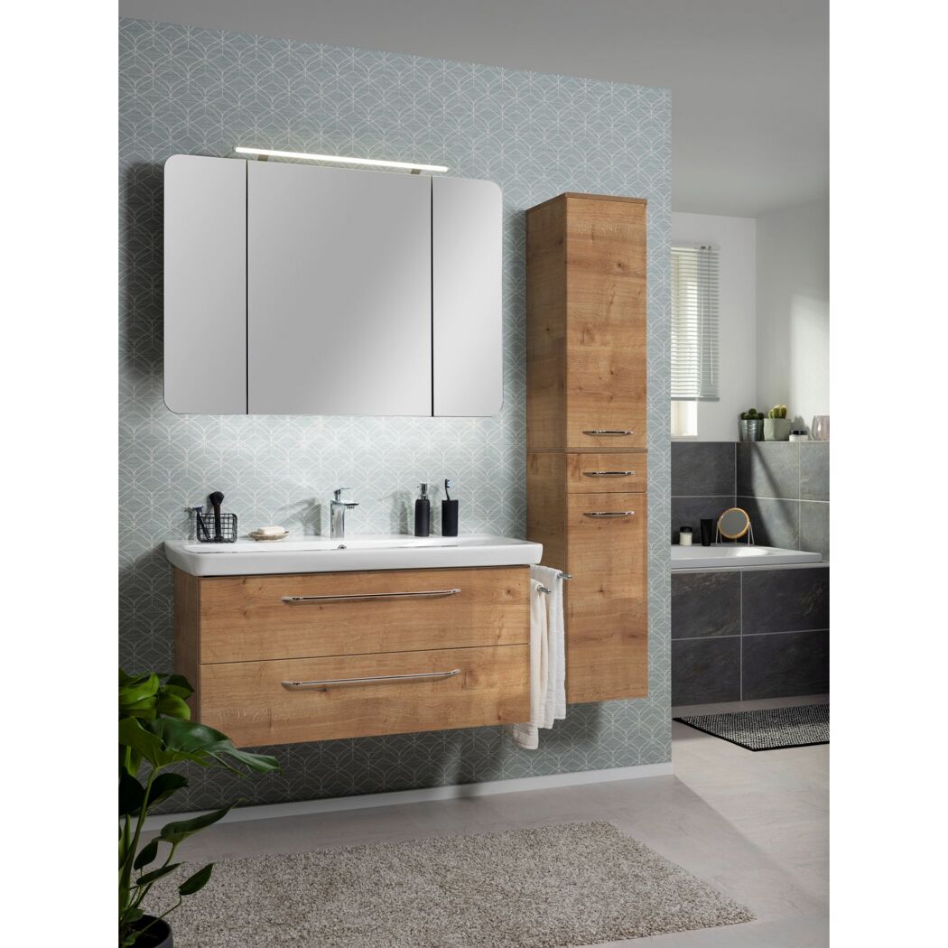 Waschbeckenunterschrank mit Spiegelschrank und Hochschrank in Holzoptik