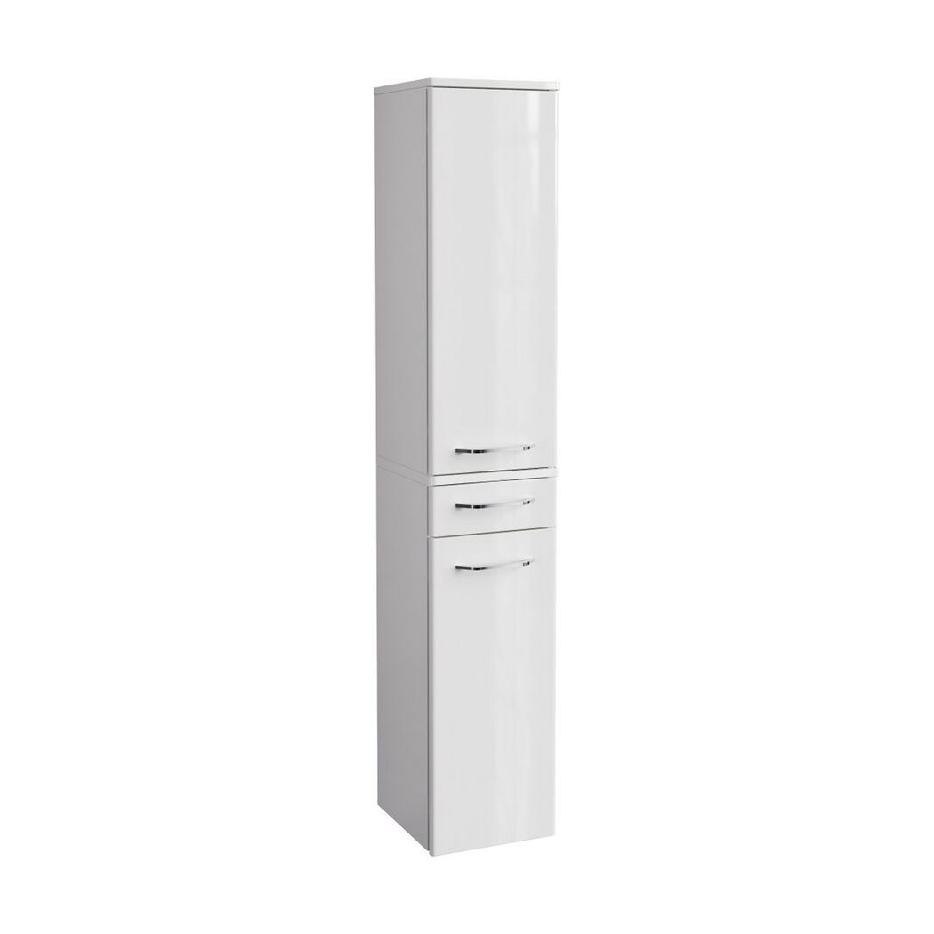 Weißer Hochschrank mit zwei Schubladen und einer Tür.